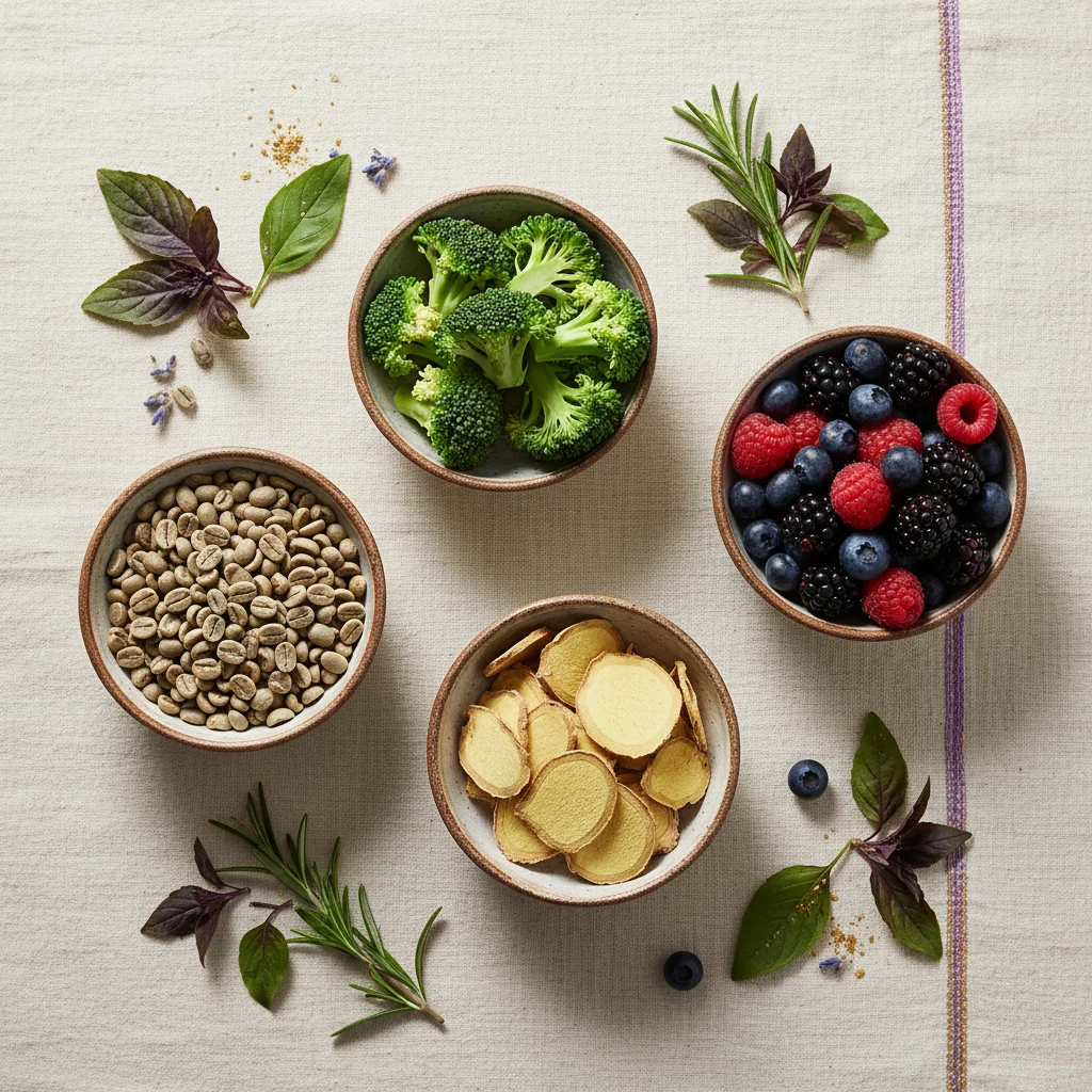 Overhead flat-lay of four botanical bowls: green coffee beans, broccoli florets, dried ginger slices, and mixed berries - representing key ingredients in the plant-based supplement