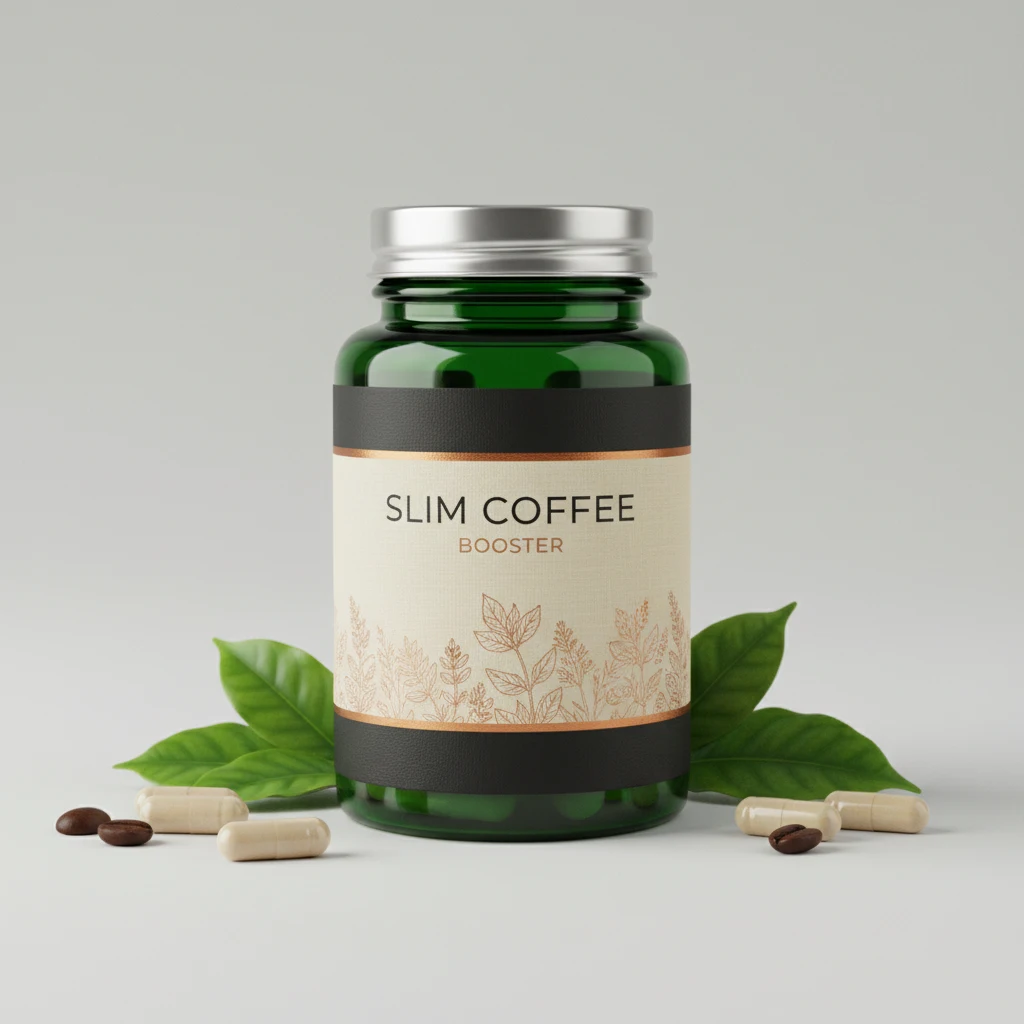 Slim Coffee Booster retail box - dark navy matte finish with gold typography, plant-based metabolism support supplement